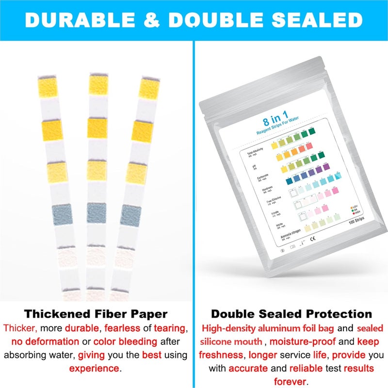 DATOO 8 in 1 Aquarium Test Kit Fish Tank Test Strips Accurate Water Quality Testing Strips for Ammonia PH Total Alkalinity Carbonate Hardness Free Chlorine Nitrate Nitrite Temperature (100 Strips) - Image 4